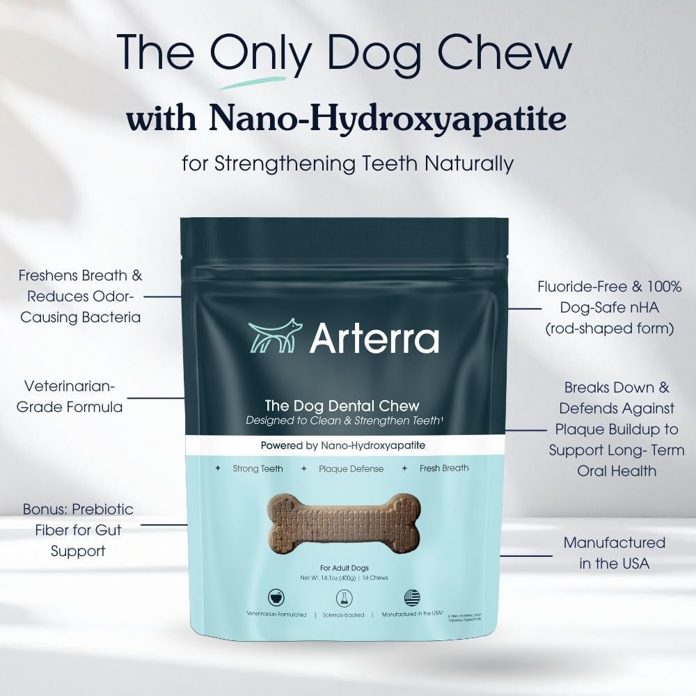 Arterra Dog Dental Chews NHA technology highlight for enamel-inspired protection.