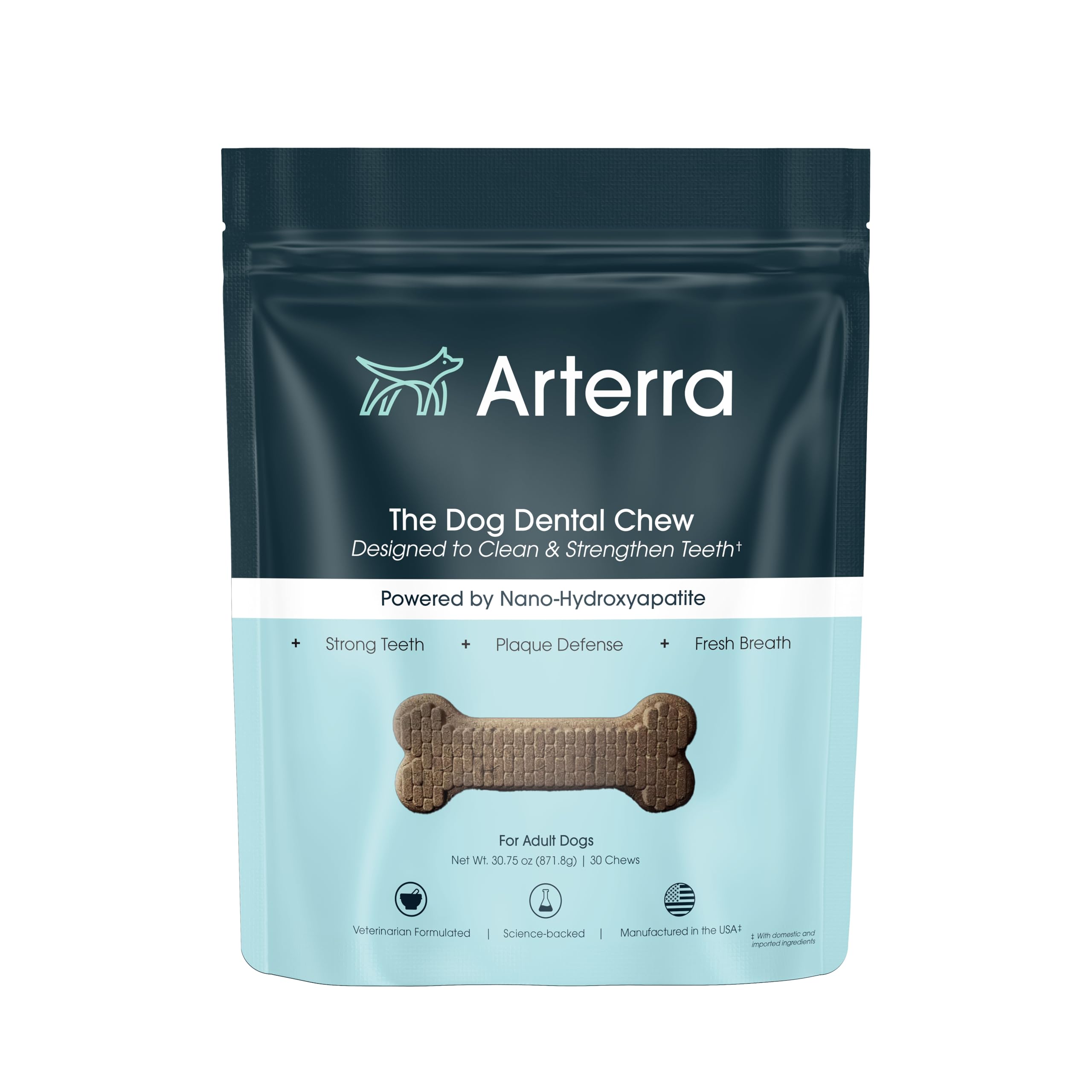 Arterra Dog Dental Chews pack front for daily oral care and enamel support.