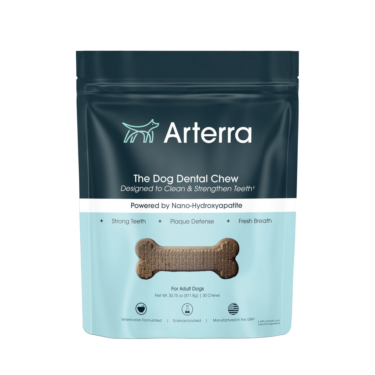 Arterra Dog Dental Chews pack front for daily oral care and enamel support.