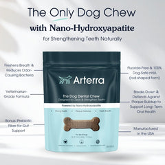 Arterra Pet Science bottle display emphasizes daily dental care with prebiotic greens and chicory root.