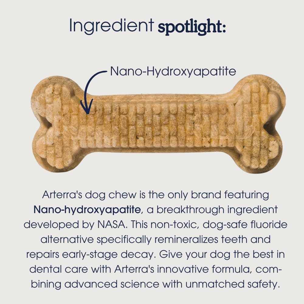 Dog enjoying Arterra Pet Science dental chews during a family kitchen moment.