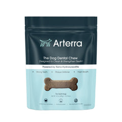 Arterra Pet Science dog dental chews packaging highlights nano-hydroxyapatite for enamel support.