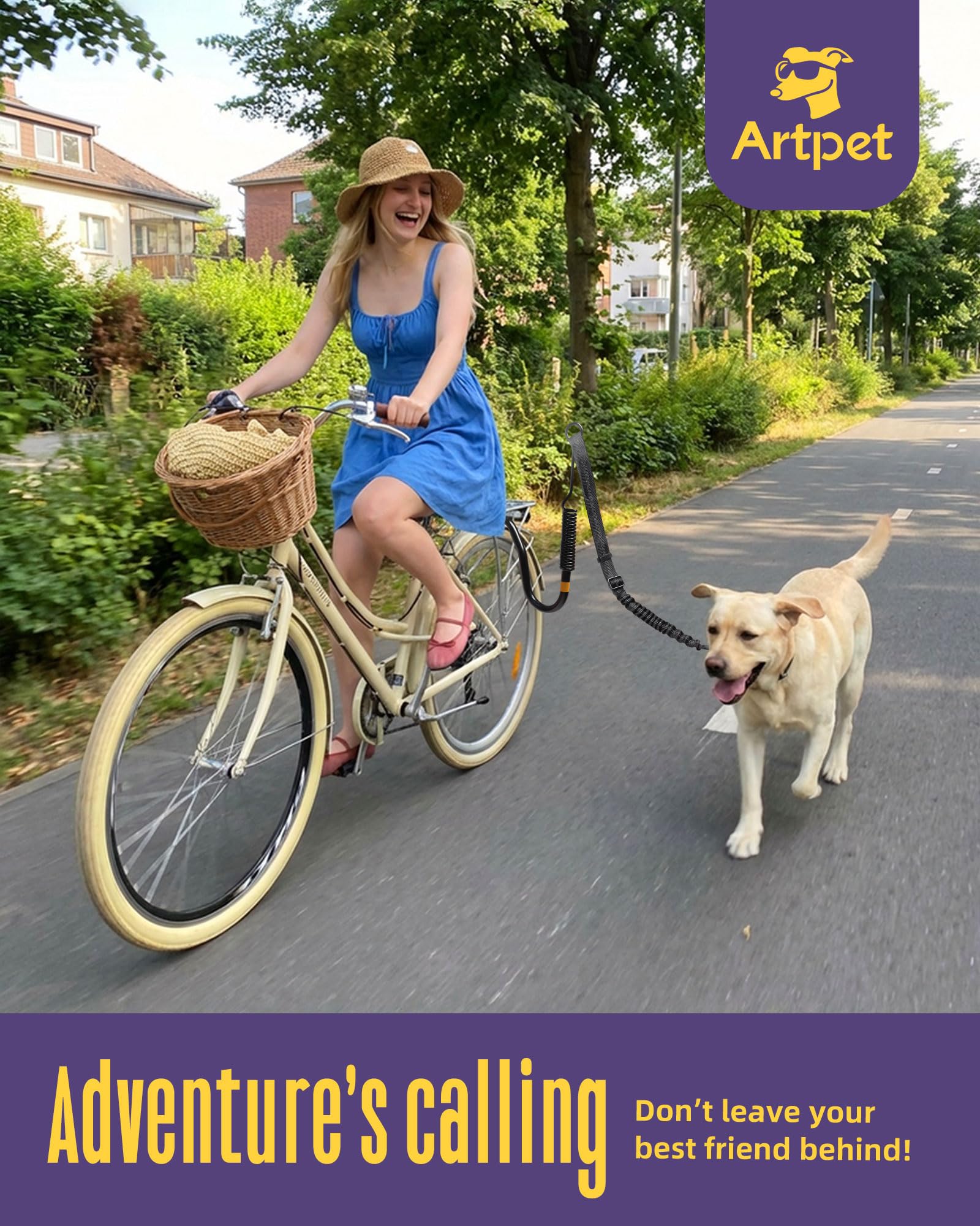 Artpet dog bike attachment highlights its shock-absorbing spring reducing jerks.