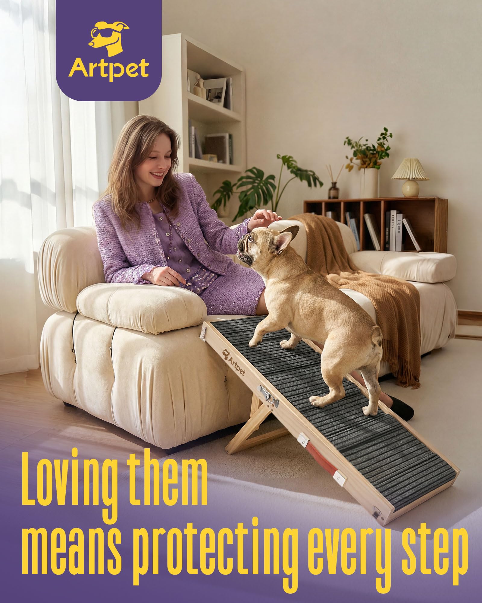 Artpet dog ramp with non-slip surface provides steady footing for confident climbs.