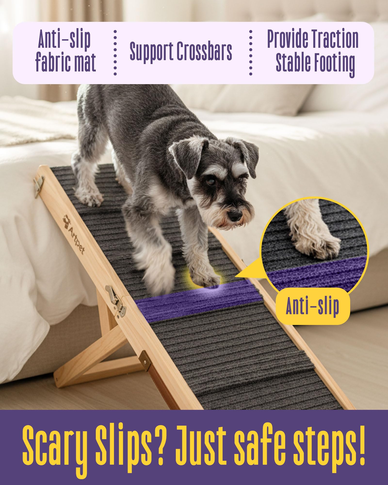 Artpet dog ramp is lightweight and portable with a carry handle.