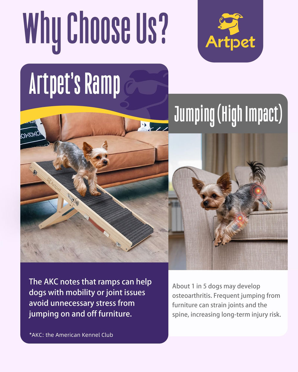 Artpet dog ramp shows natural pine wood construction for safe daily use.