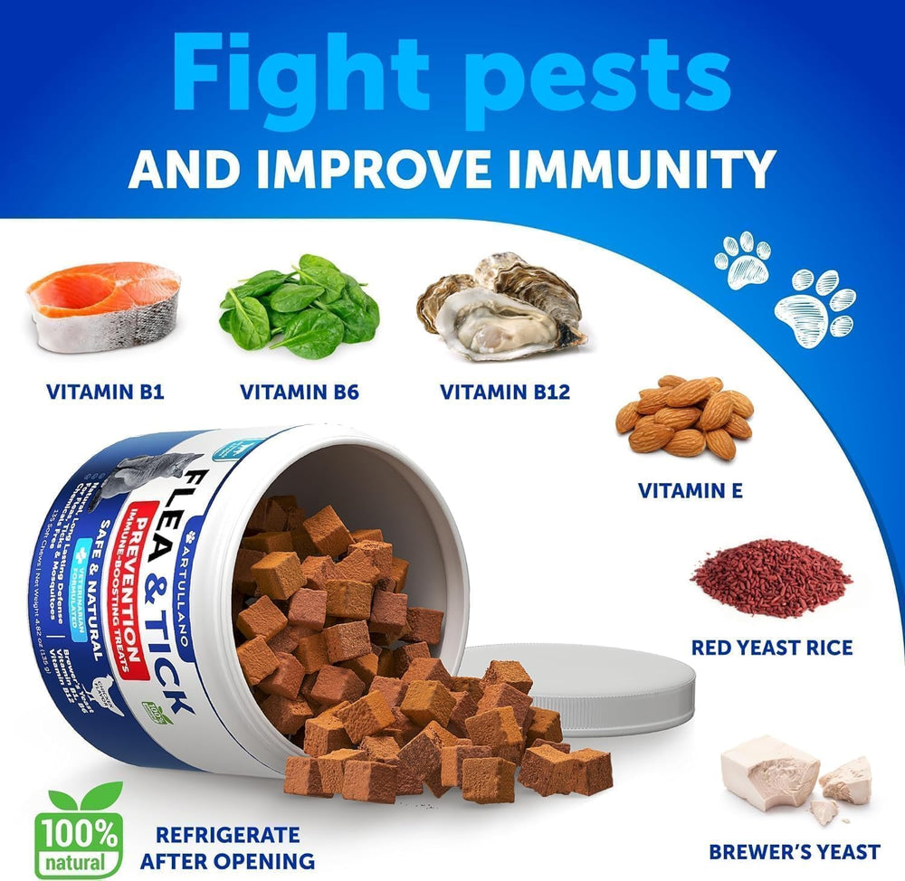 Artullano Cat Flea Chews ingredients panel shows vitamins and brewers yeast