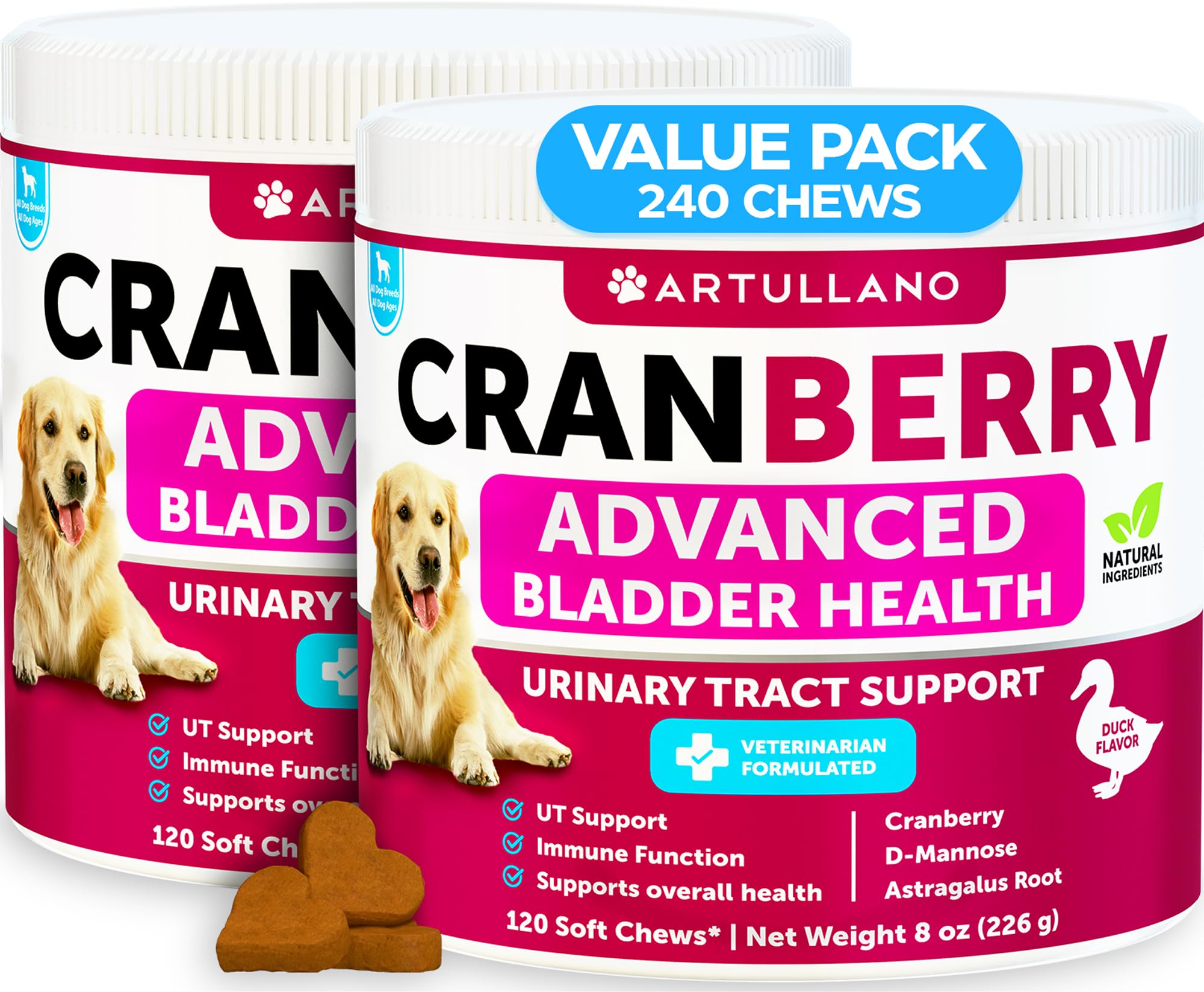 Artullano cranberry dog UT chews in duck flavor for daily bladder comfort