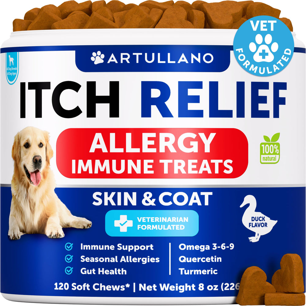 Artullano Dog Allergy Relief Chews front view, skin comfort support.