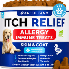 Artullano Dog Allergy Relief Chews front view, skin comfort support.