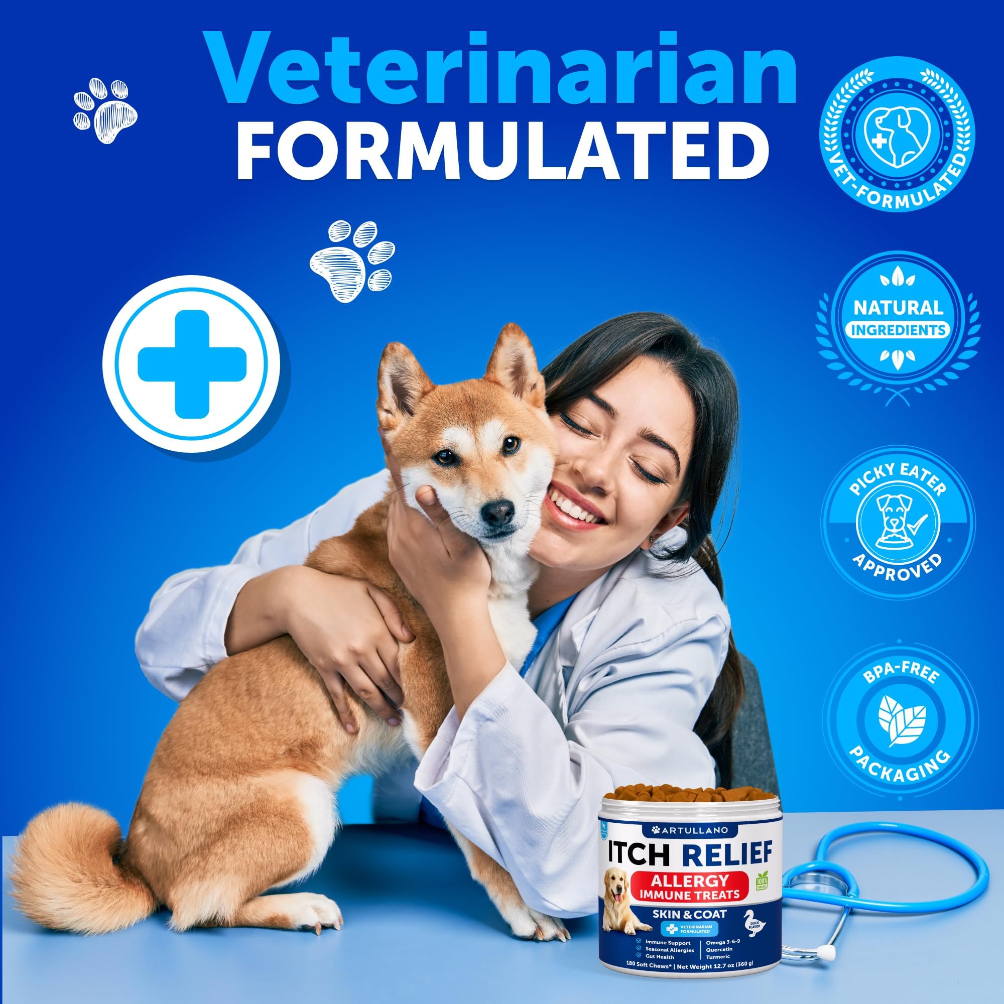Artullano Dog Allergy Relief Chews with dog, suitable for all breeds