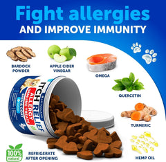 Artullano Dog Allergy Relief Chews ingredients scroll featuring turmeric and fish oil benefits