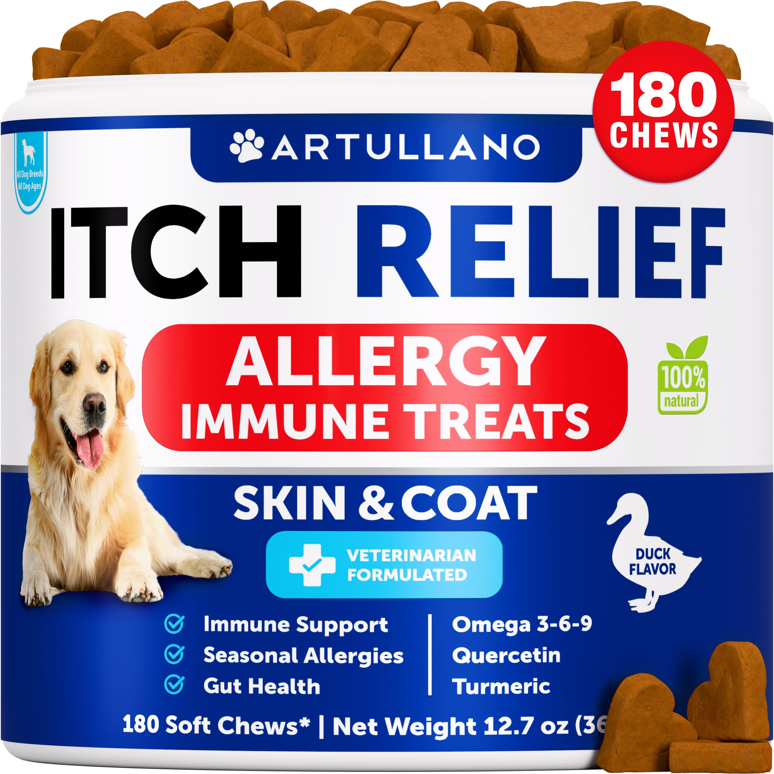 Artullano Dog Allergy Relief Chews pack shot, seasonal itch relief