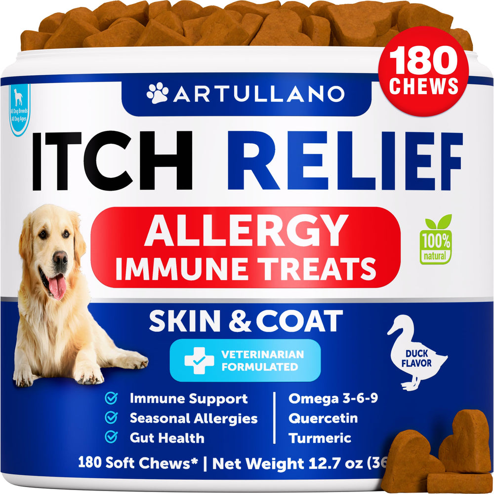 Artullano Dog Allergy Relief Chews pack shot, seasonal itch relief