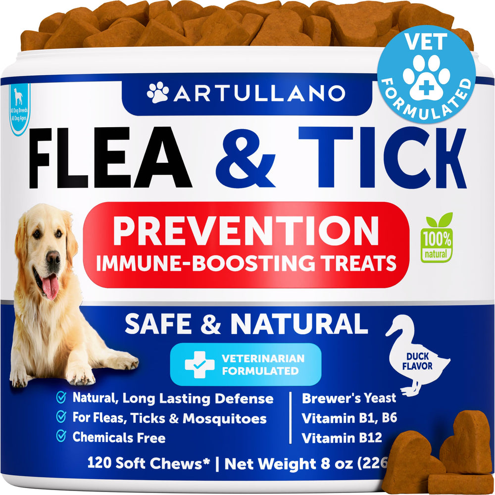 Artullano dog flea chews pack shot highlighting natural formula for outdoor adventures and immune support.