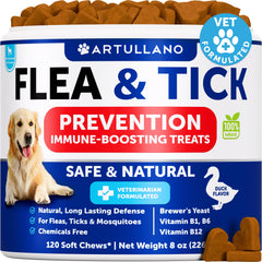 Artullano dog flea chews pack shot highlighting natural formula for outdoor adventures and immune support.