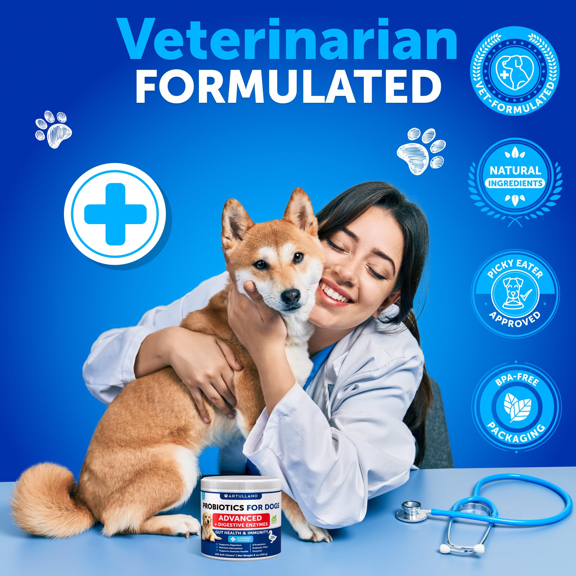 Artullano dog probiotics jar packaging with easy daily treats