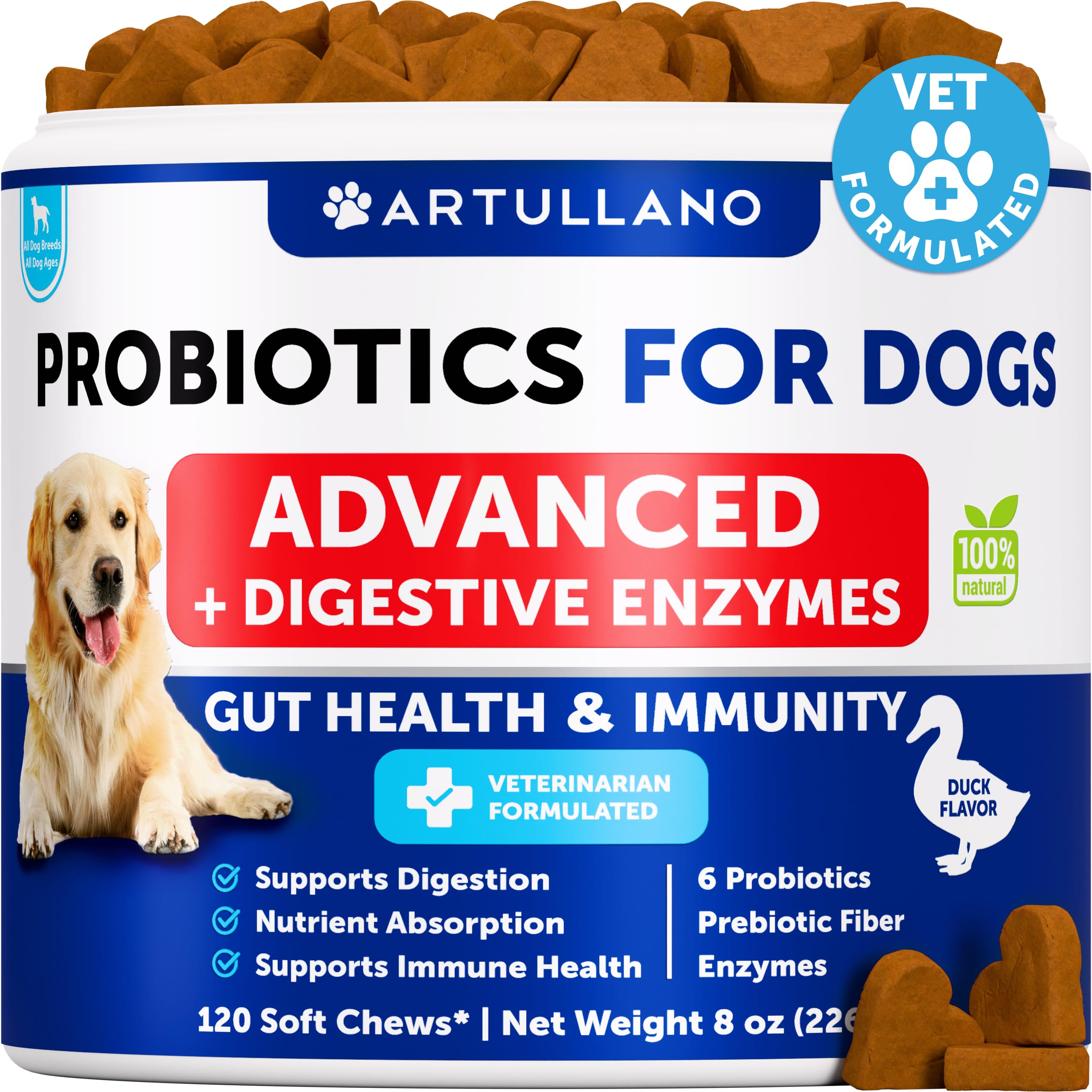 Artullano dog probiotics soft chews duck flavor support gut health