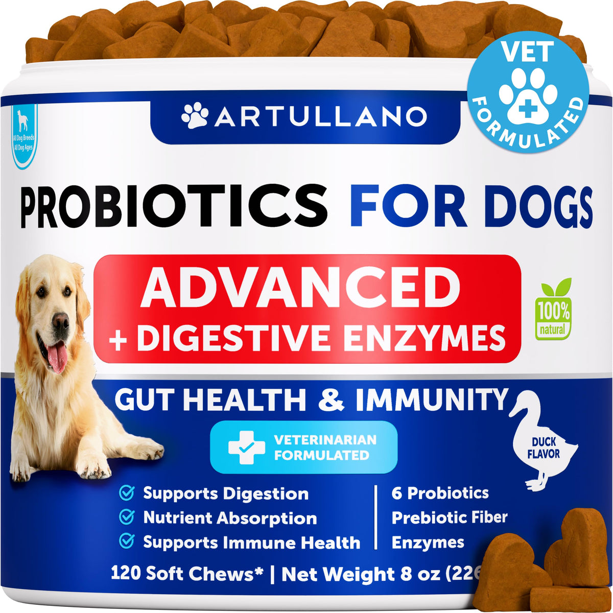 Artullano dog probiotics soft chews duck flavor support gut health