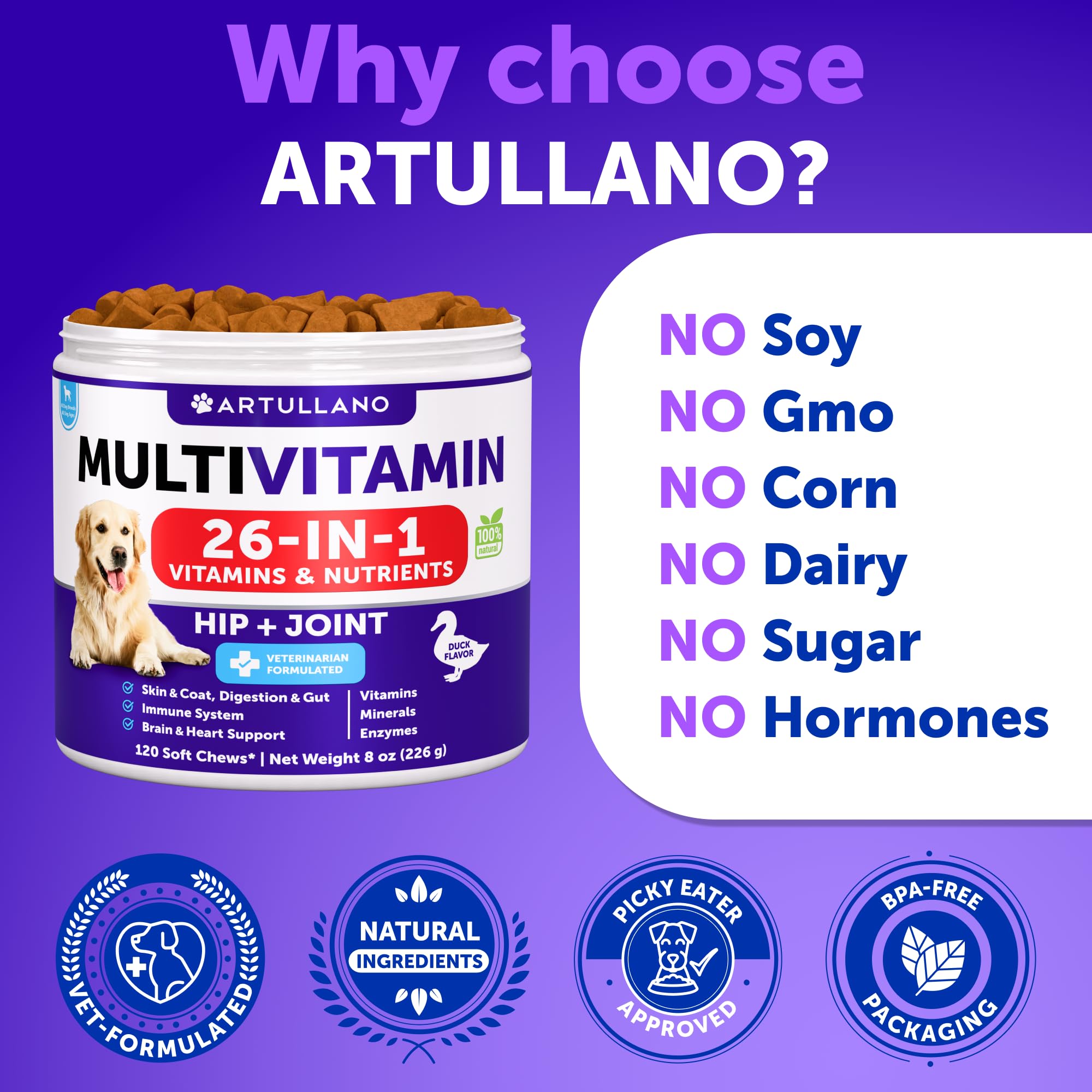 Artullano dog skin and coat health chews for shine.