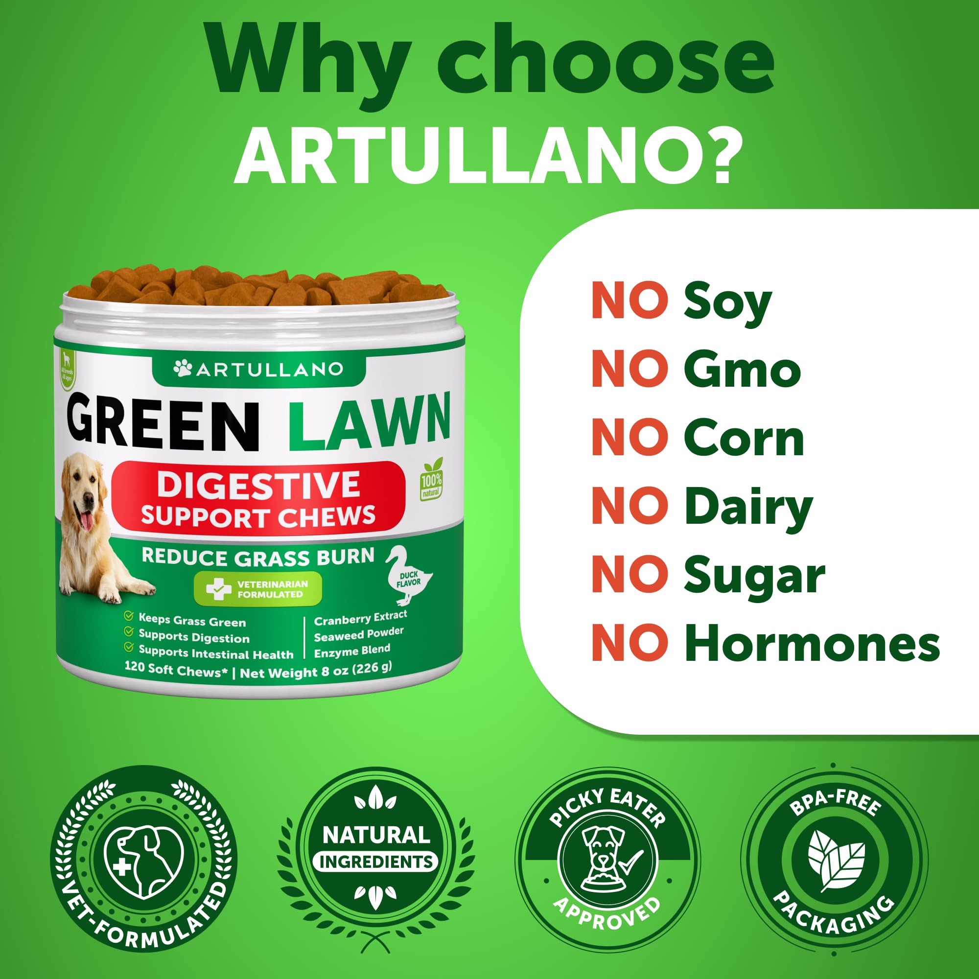 Artullano dog treats beside lush lawn suggest routine use for lawn-friendly care