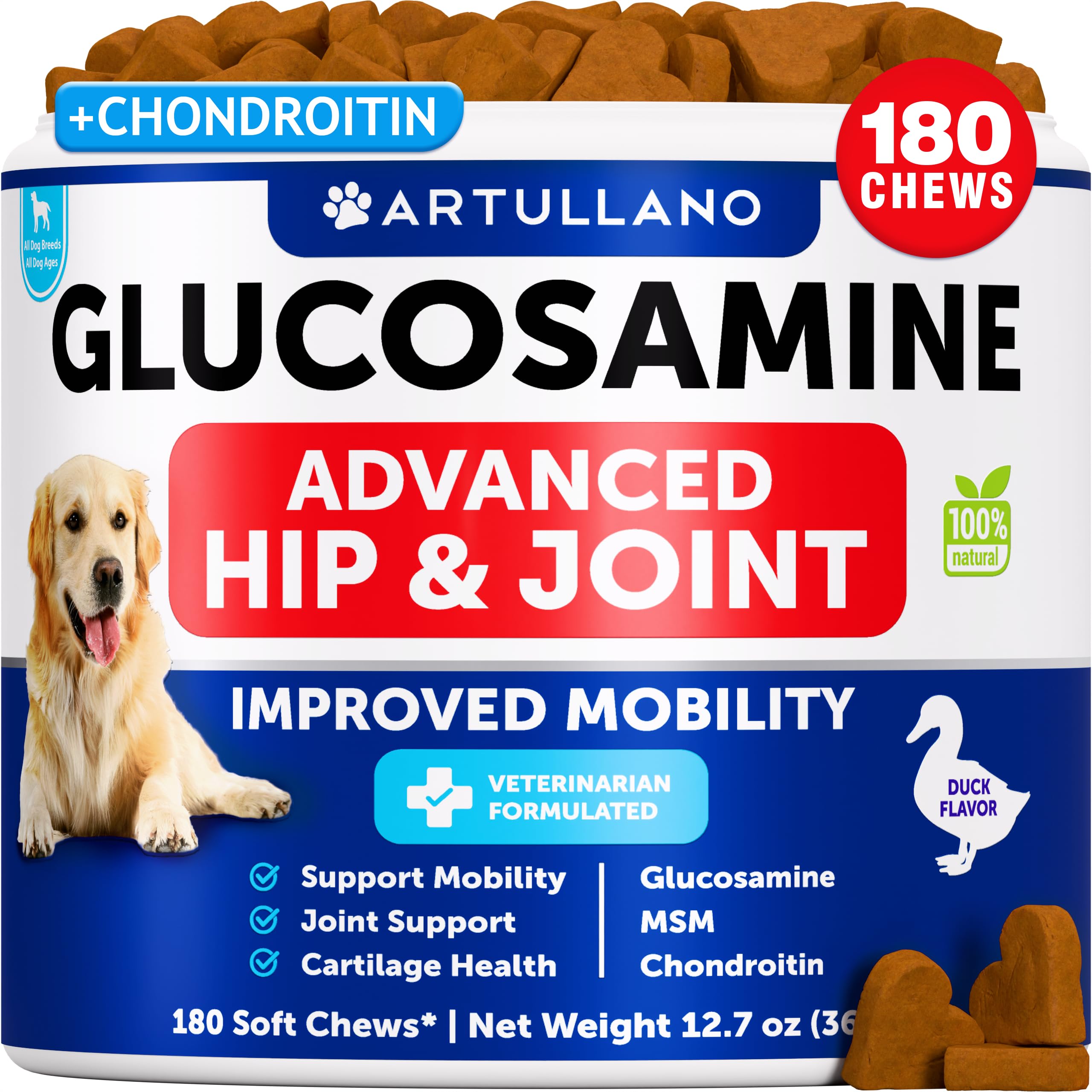 Artullano glucosamine dog chews bottle closeup for joint support and mobility.