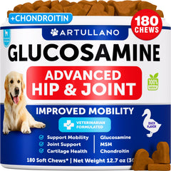 Artullano glucosamine dog chews bottle closeup for joint support and mobility.