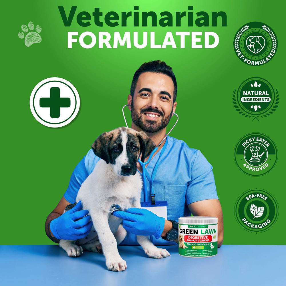 Artullano Grass Burn Spot Chews bottle displays 120 treats for dogs