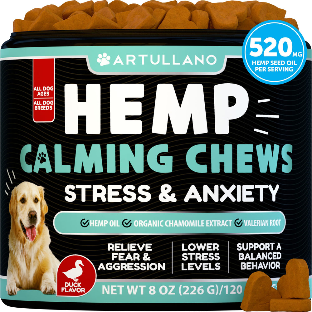 Artullano Hemp Calming Chews bottle for quick calming support in dogs