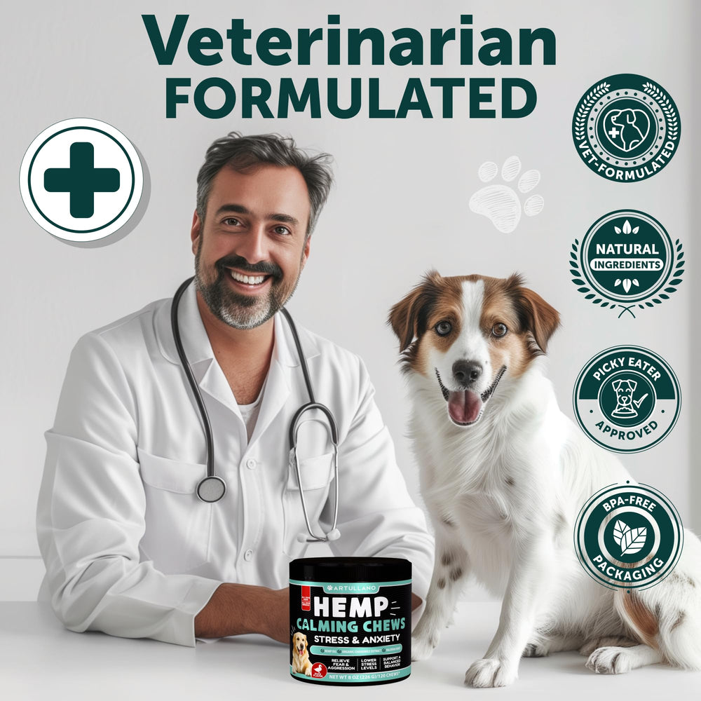 Artullano calming chews label highlights natural ingredients and suggested uses