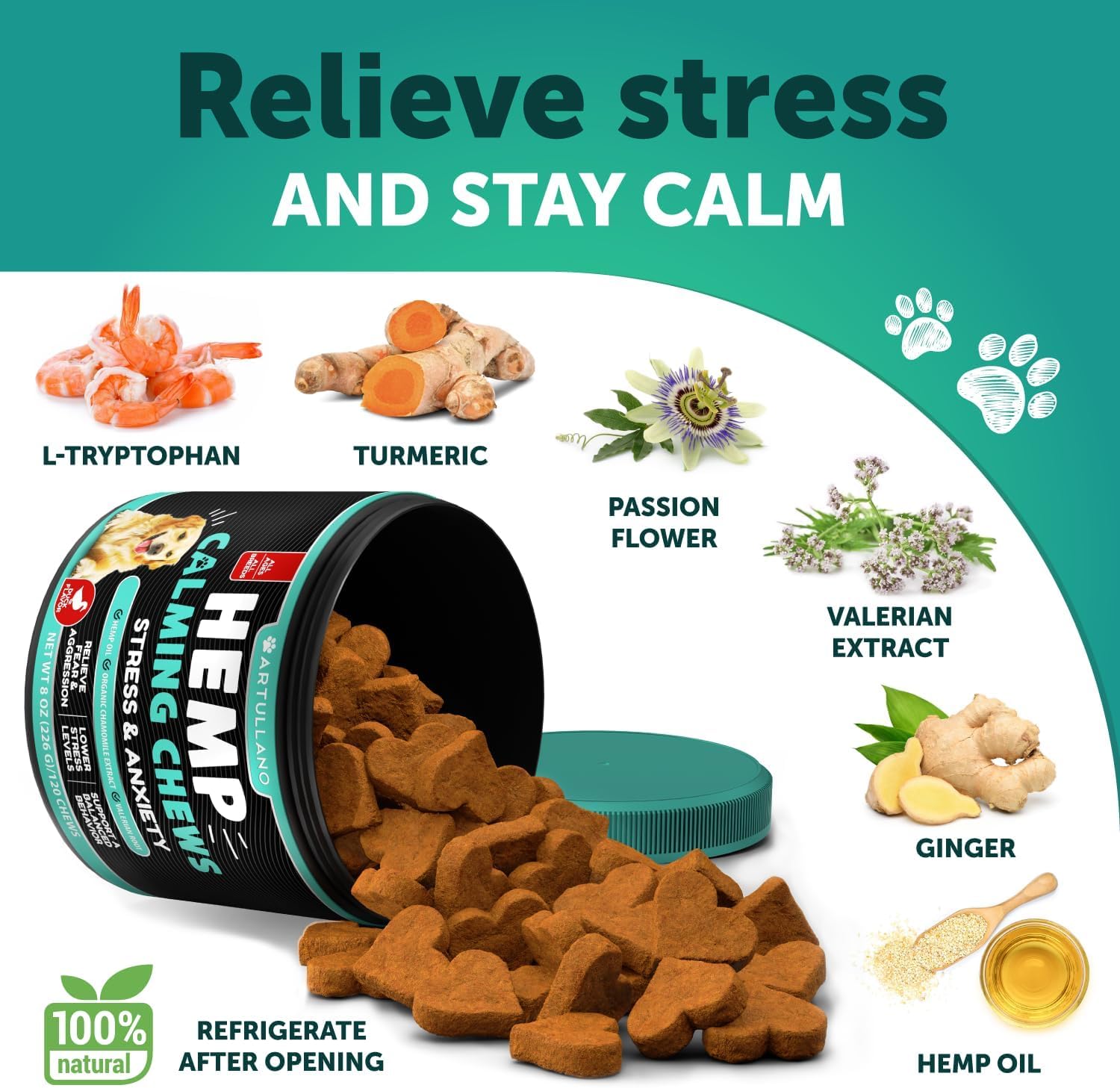 Artullano calming chews packaging front emphasizes trust and quality
