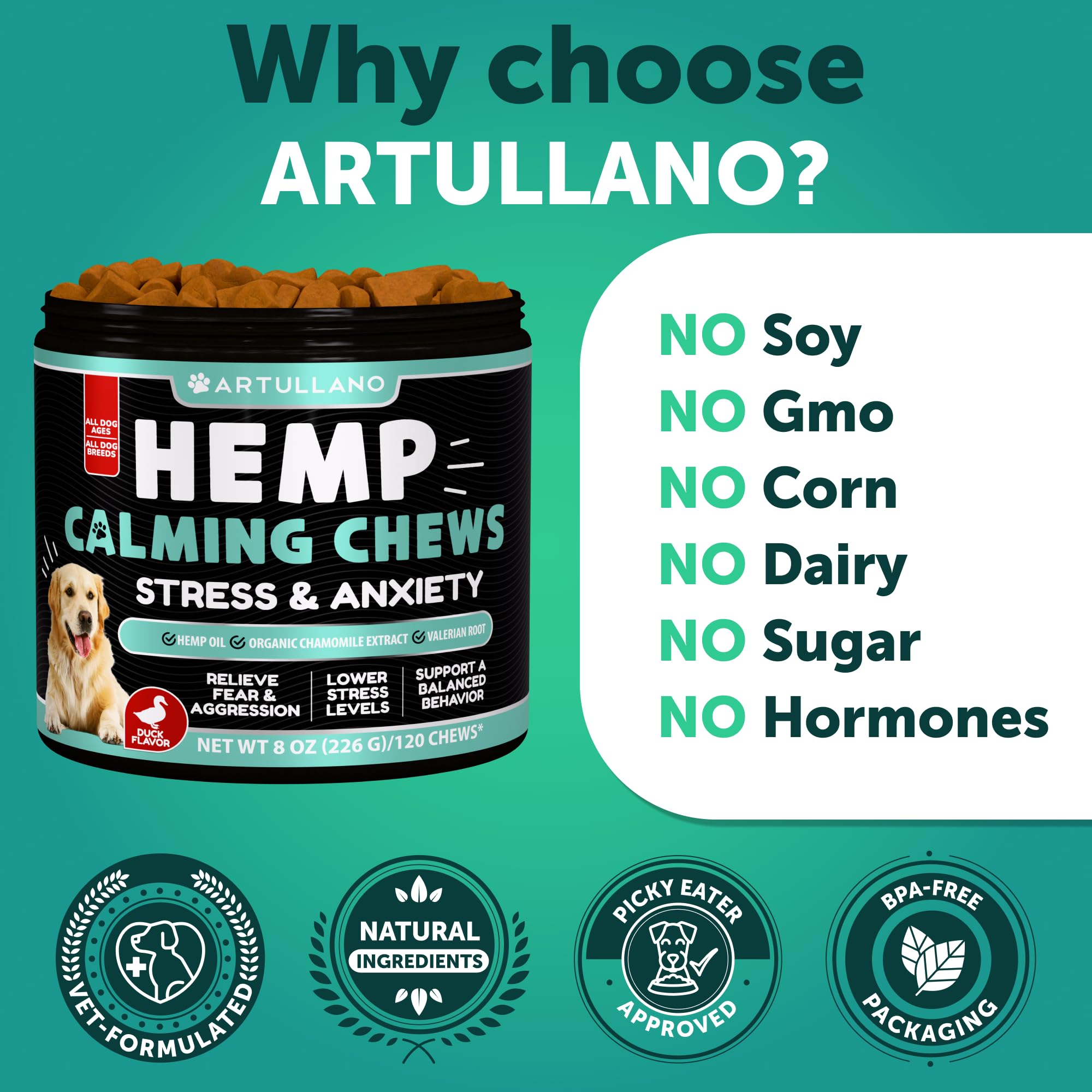 Artullano calming chews showing a relaxed dog after a treat