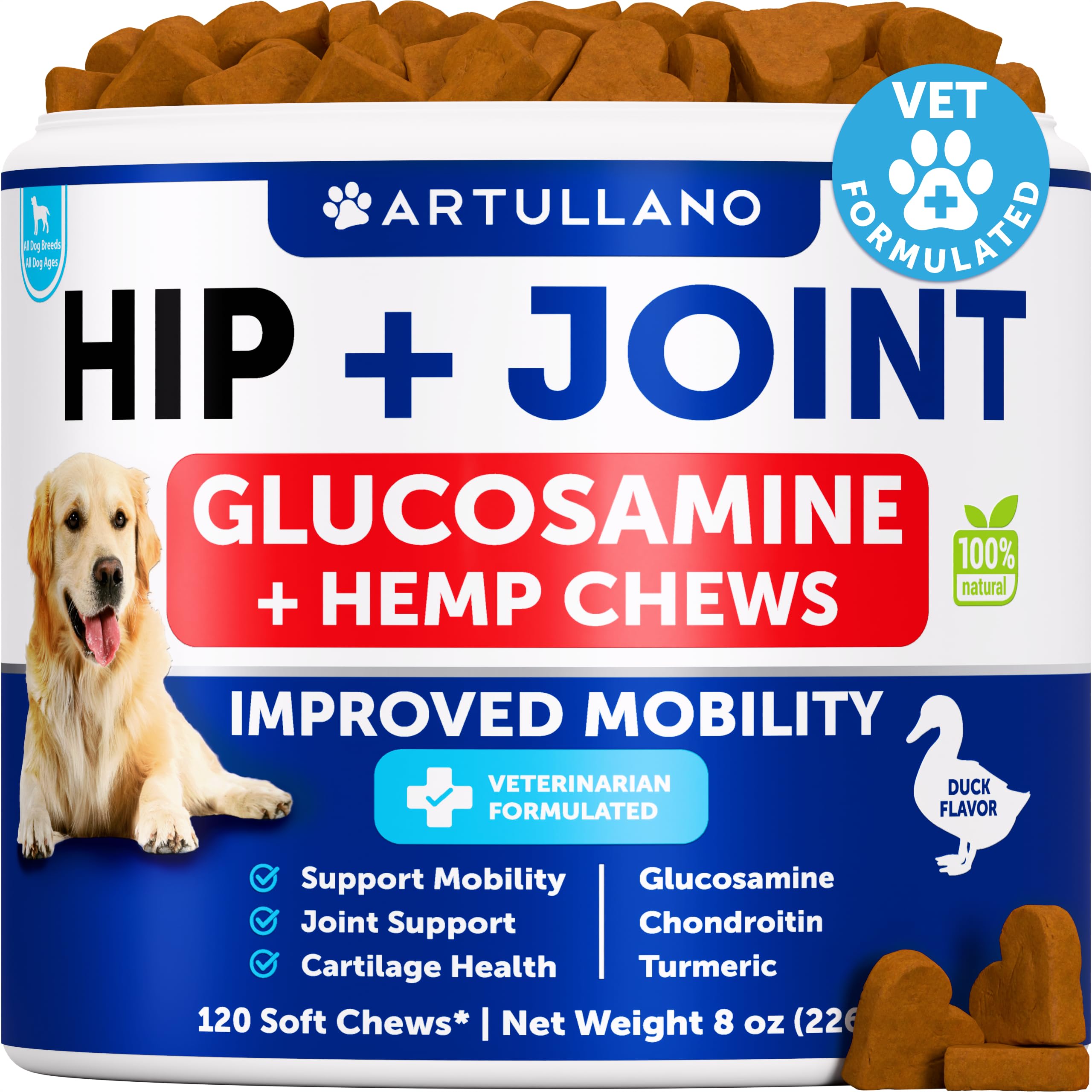 Artullano hemp hip joint dog chews pack showing mobility support.