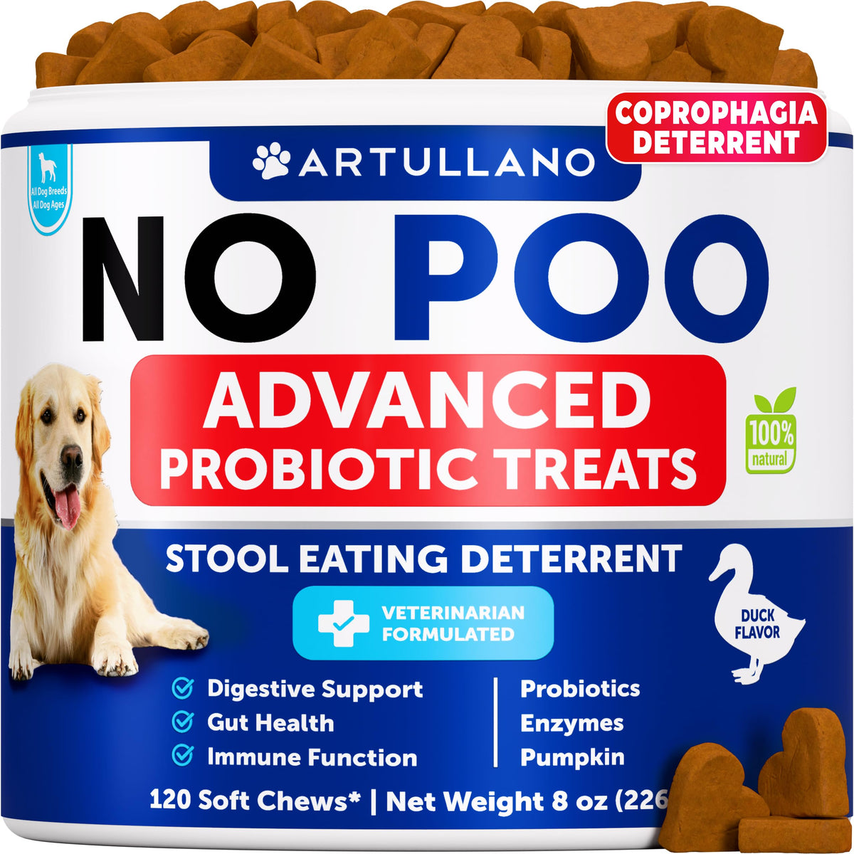 Artullano No Poo Chews packaging highlights probiotic support for gut health