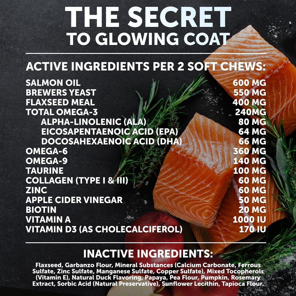 Artullano Omega-3 dog chews product hero shot signaling trusted allergy and shedding support.