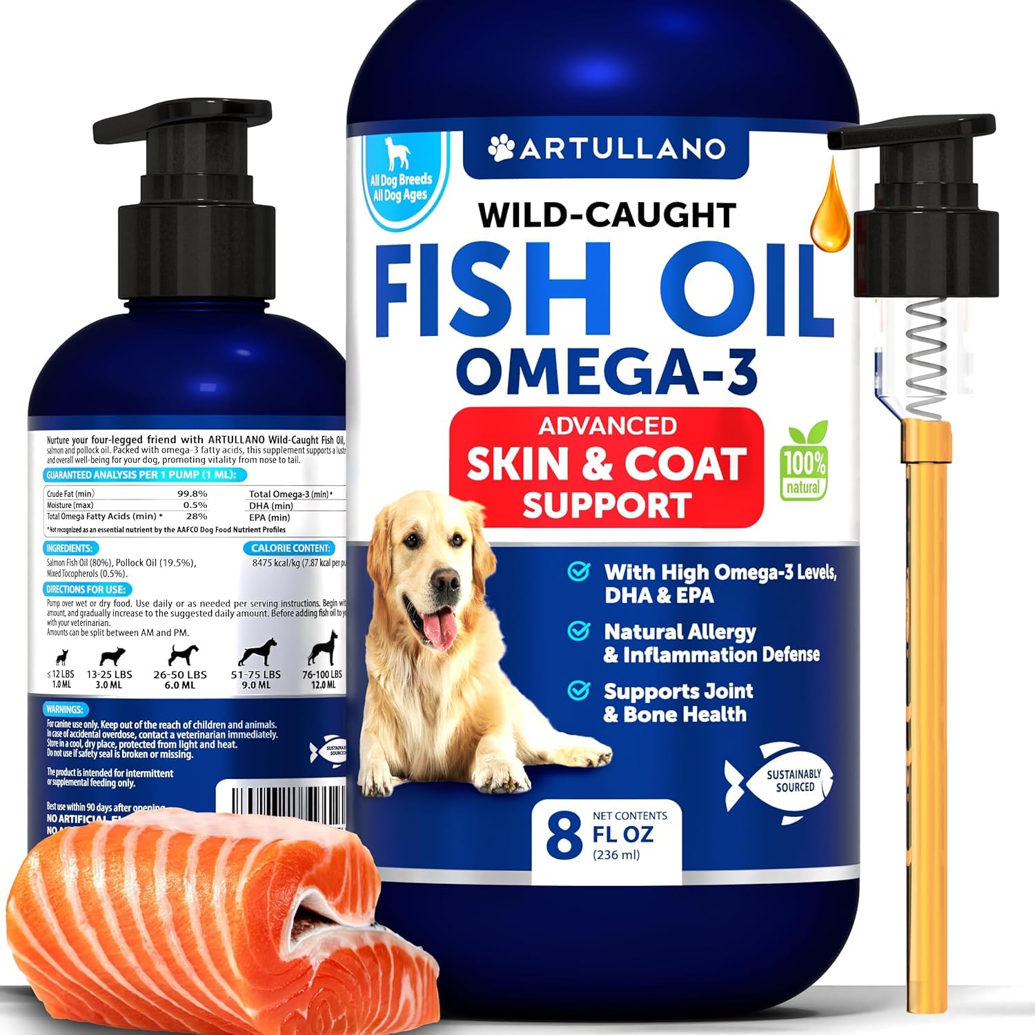 Artullano Omega-3 Dog Oil bottle pour shows simple daily serving for coat and joint support.