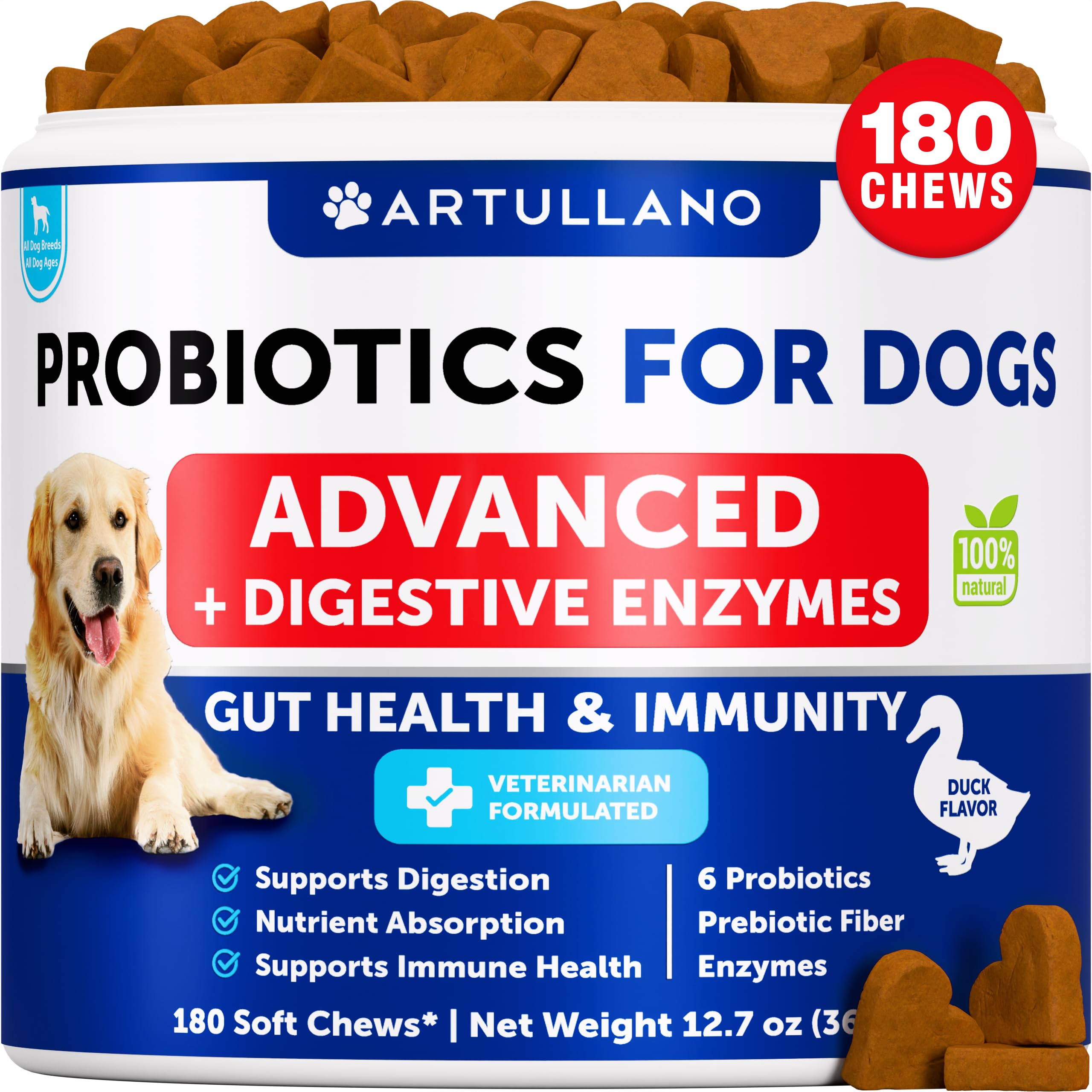 Artullano Probiotics for Dogs duck-flavored chews support digestion.