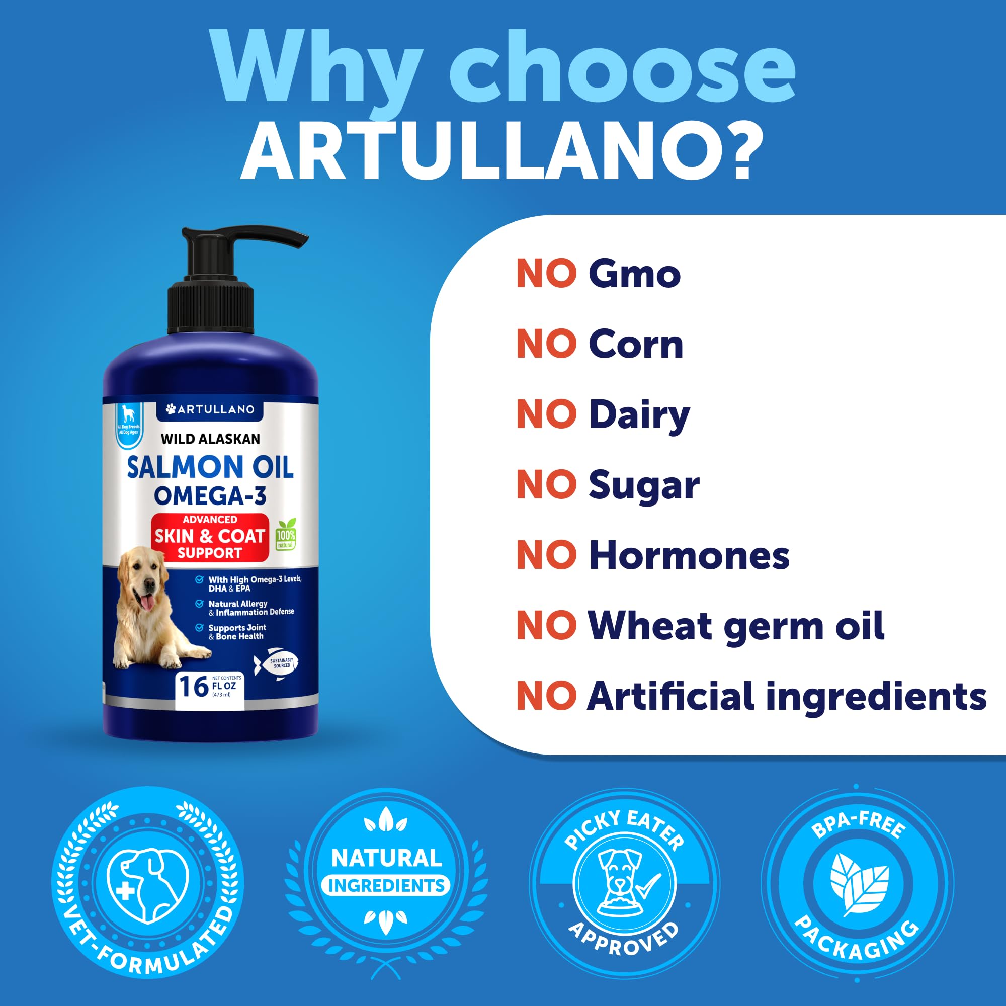 Artullano Salmon Oil for Dogs all-breeds represents universal care for dogs of every age.