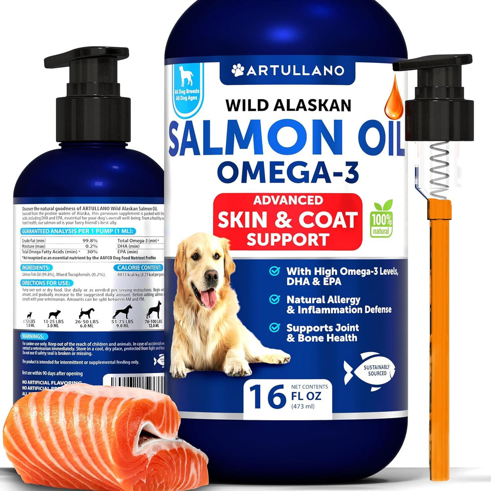 Artullano Salmon Oil for Dogs bottle highlights omega-3 support for a healthy skin and coat.