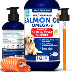 Artullano Salmon Oil for Dogs bottle highlights omega-3 support for a healthy skin and coat.