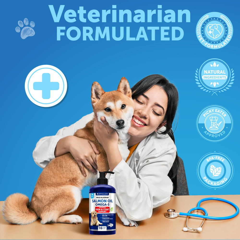 Artullano Salmon Oil for Dogs usage demonstrates simple daily supplementation for ongoing coat and skin health.