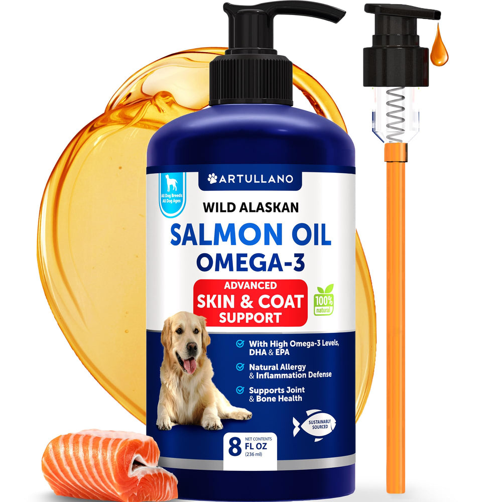 Artullano Salmon Oil for Dogs bottle pour shows easy dosing for joint and coat health.