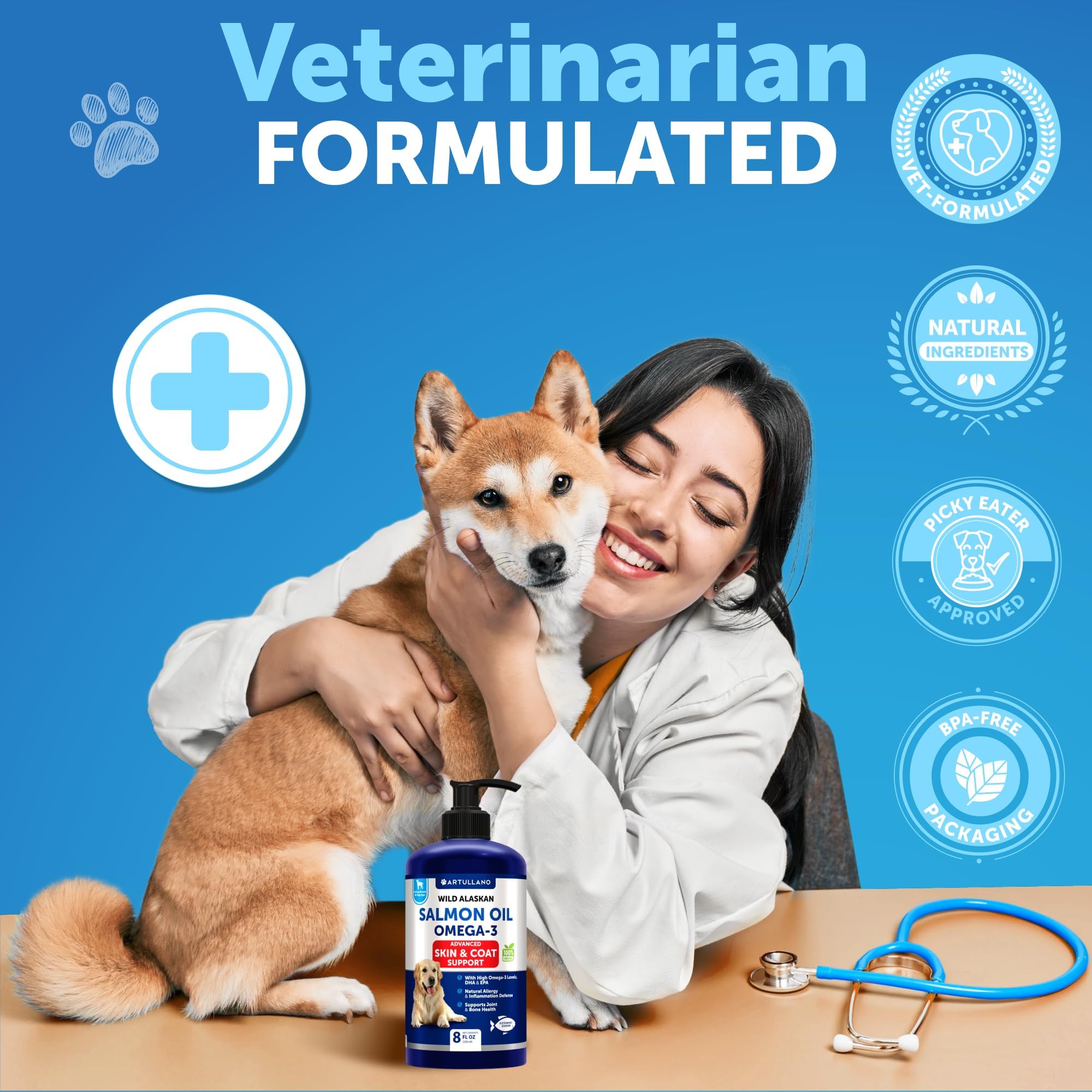Artullano Salmon Oil for Dogs serving dish depicts convenient pour into meals.