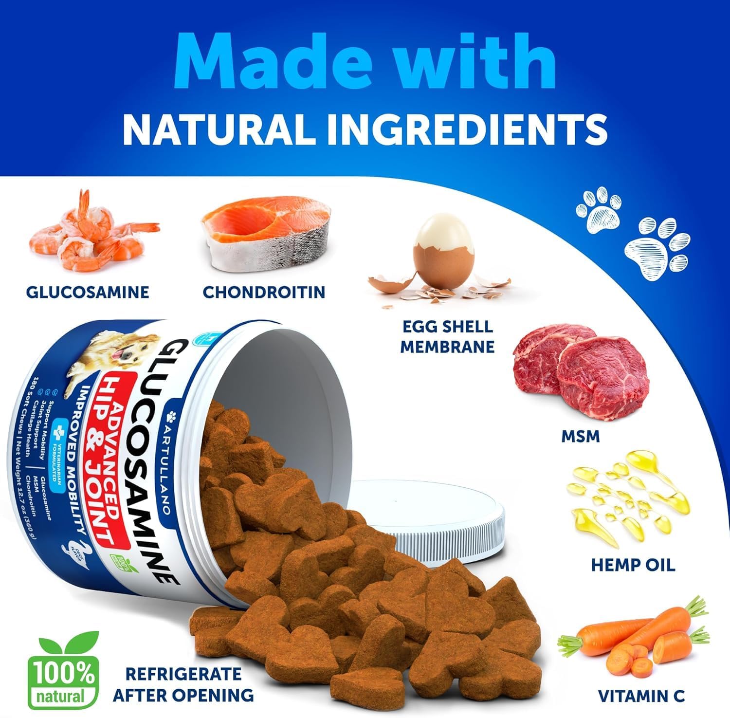 Artullano soft textured dog chews close-up for easy palatability and joint health.