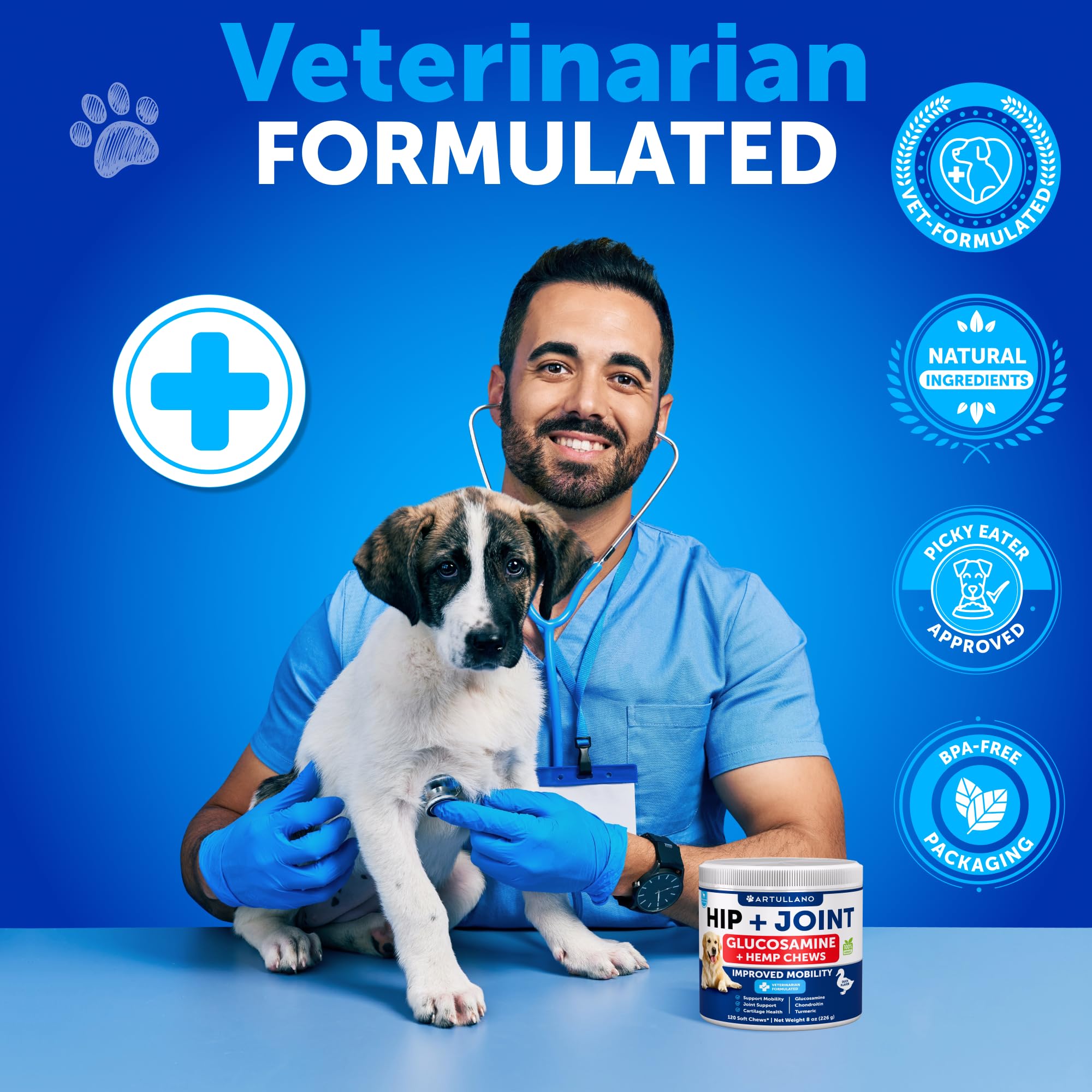 Artullano vet-formulated dog joint chews showing premium quality and trust.