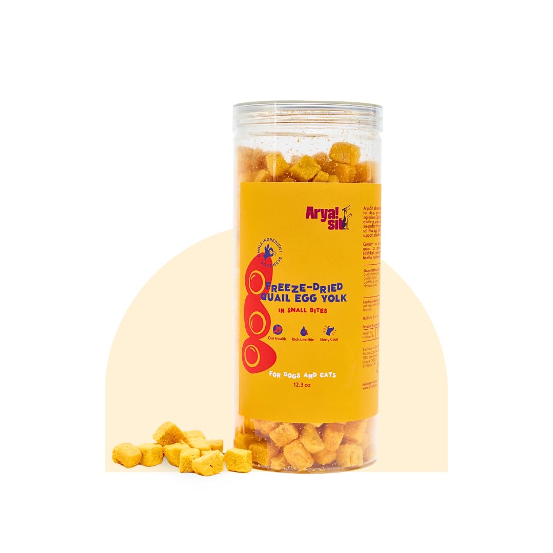 Arya Sit! egg yolk freeze-dried treat jar emphasizes single-protein nutrition for pets