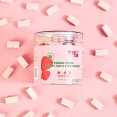 Arya Sit! freeze-dried strawberry yogurt dog treat bowl showcases tasty snack-time reward.