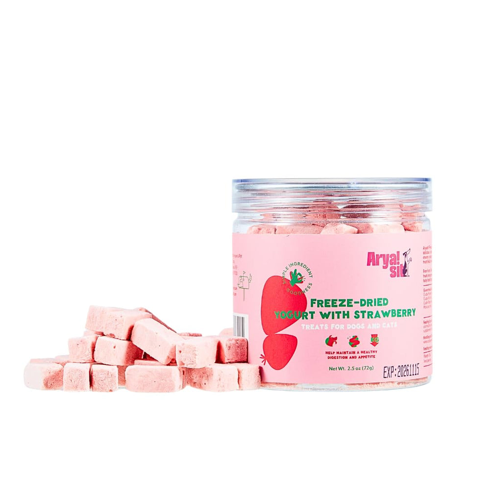 Arya Sit! freeze-dried strawberry yogurt dog treat jar keeps flavor fresh for on-the-go.