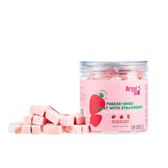 Arya Sit! freeze-dried strawberry yogurt dog treat jar keeps flavor fresh for on-the-go.