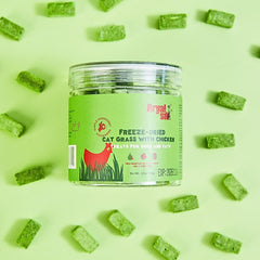 Arya Sit! cat grass and chicken bites close-up reveals real ingredients for snacking.